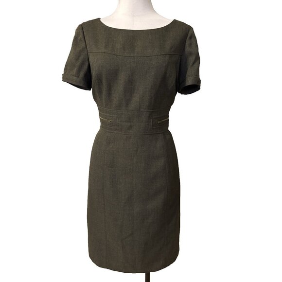 Tahari Levine Dress 10 Tweed Olive Green.Brown Short Sleeve Sheath Career Church - Picture 1 of 10